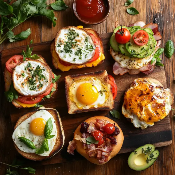 Delicious Assorted Gourmet Sandwiches on a Rustic Wooden Board