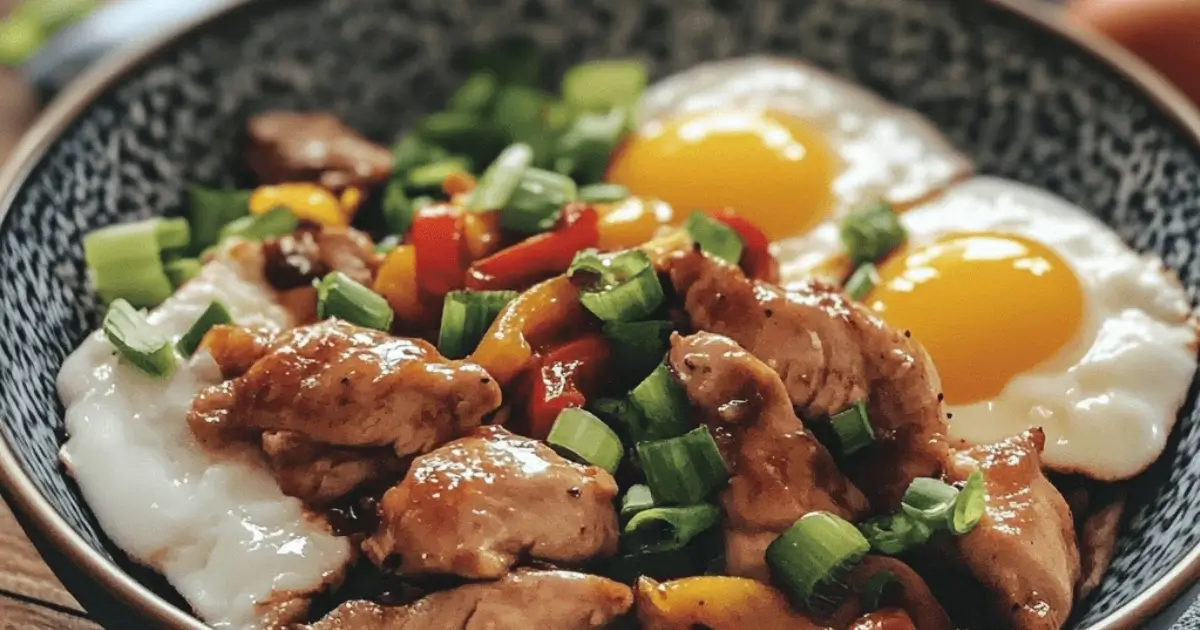 Chicken and Eggs Stir-Fry with Colorful Vegetables in a Cast-Iron Skillet