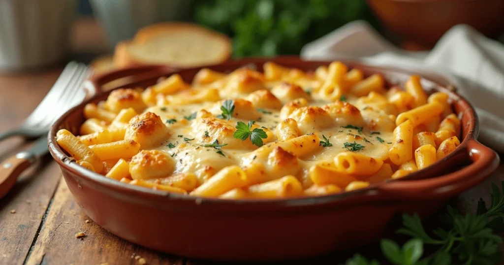 Golden and Cheesy Chicken and Eggs Pasta Bake in a Ceramic Dish