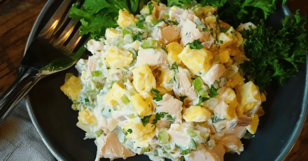 Fresh Chicken and Eggs Salad with Avocado, Greens, and Vinaigrette