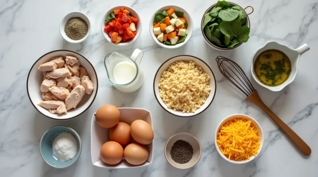 Flat lay of fresh ingredients for chicken and egg casserole recipe
