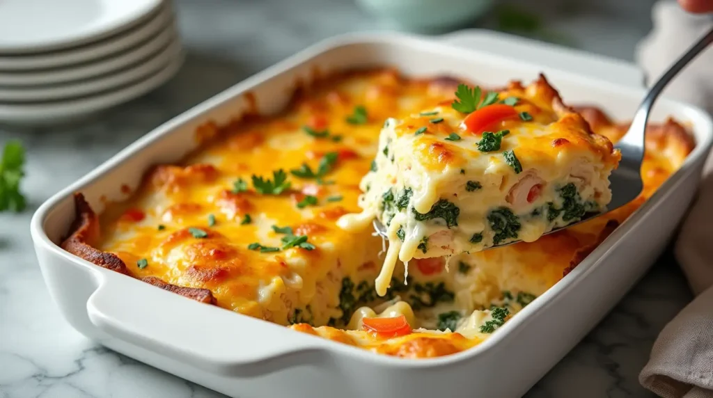 Golden Chicken & Egg Breakfast Casserole Straight from the Oven Freshly baked chicken and egg breakfast casserole in a white dish