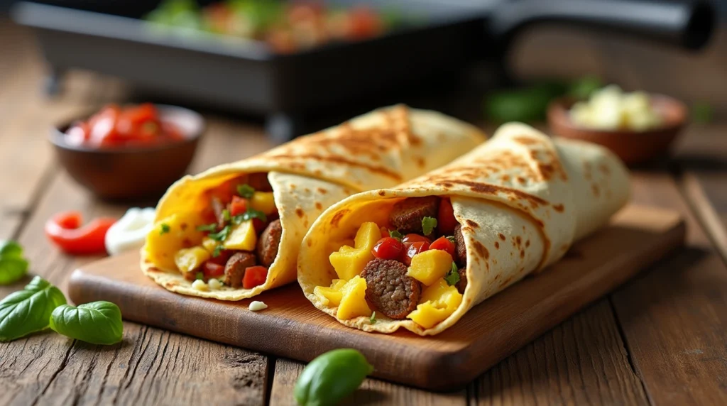 Breakfast Burritos: A Portable and Flavor-Packed Morning Meal Hearty Breakfast Burritos with Eggs, Sausage, and Veggies
