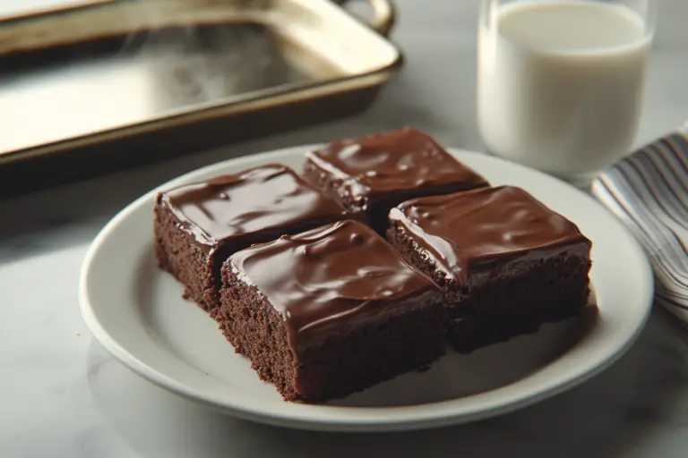Four fudgy Lunch Lady Brownies topped with glossy chocolate frosting on a white plate, served with a glass of milk.