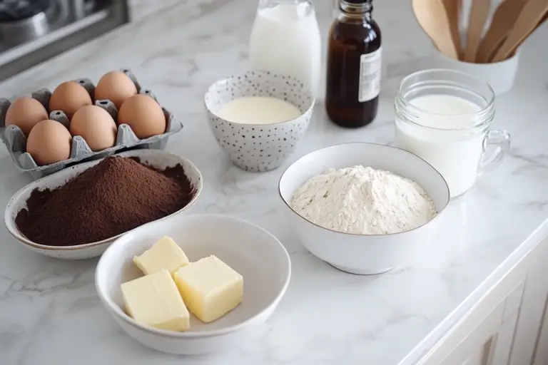 Ingredients for Lunch Lady Brownies arranged on a white marble counter, including eggs, cocoa powder, butter, flour, milk, and vanilla extract.