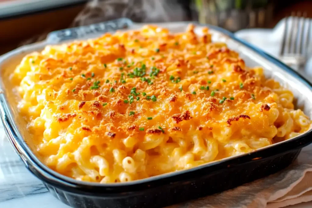 Creamy Baked Macaroni and Cheese with Golden Brown Cheese Crust on Plate