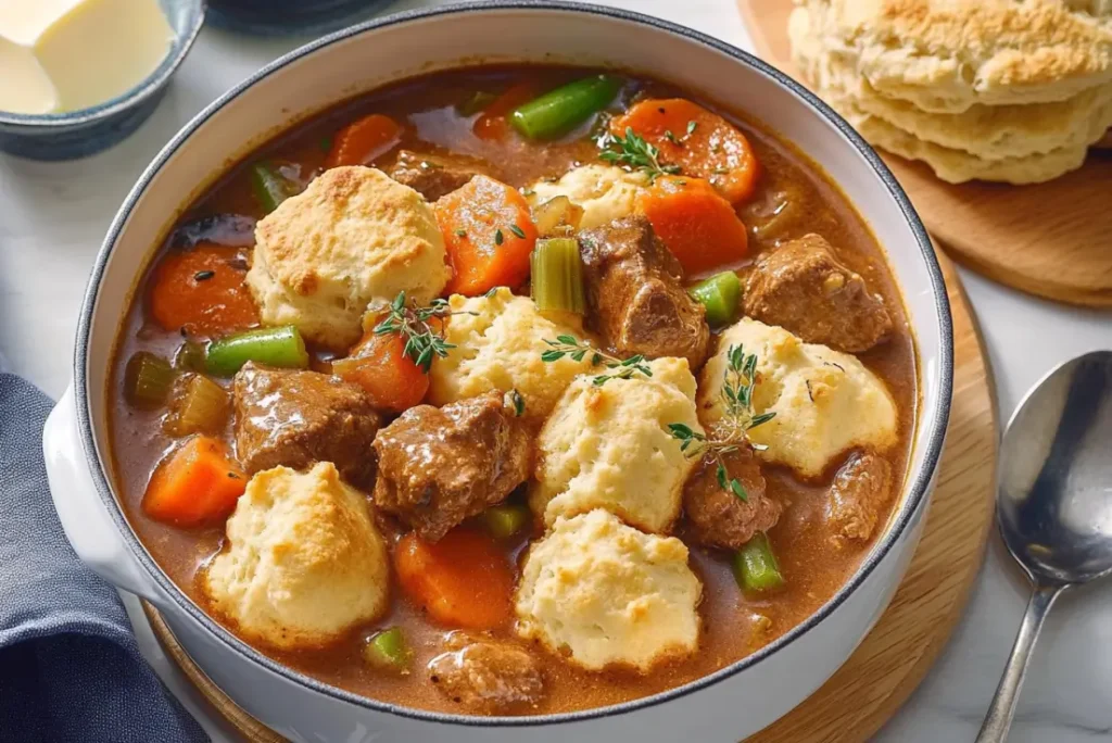 Hearty Beef Stew with Fluffy Homemade Biscuits on Plate