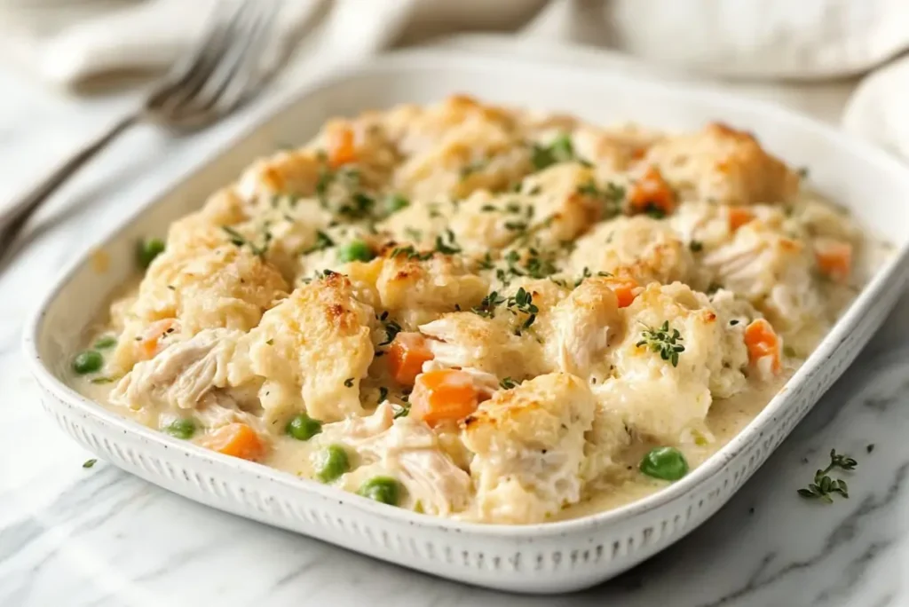 Creamy Chicken and Dumplings Casserole with Golden Topping on Plate