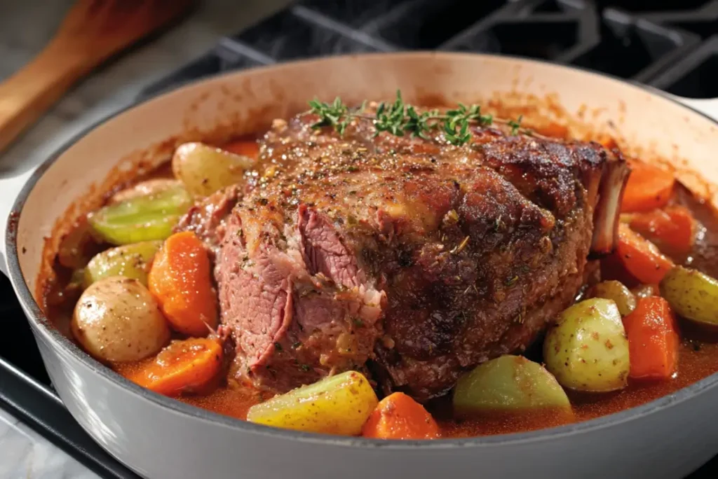 Classic Pot Roast with Root Vegetables on White Plate