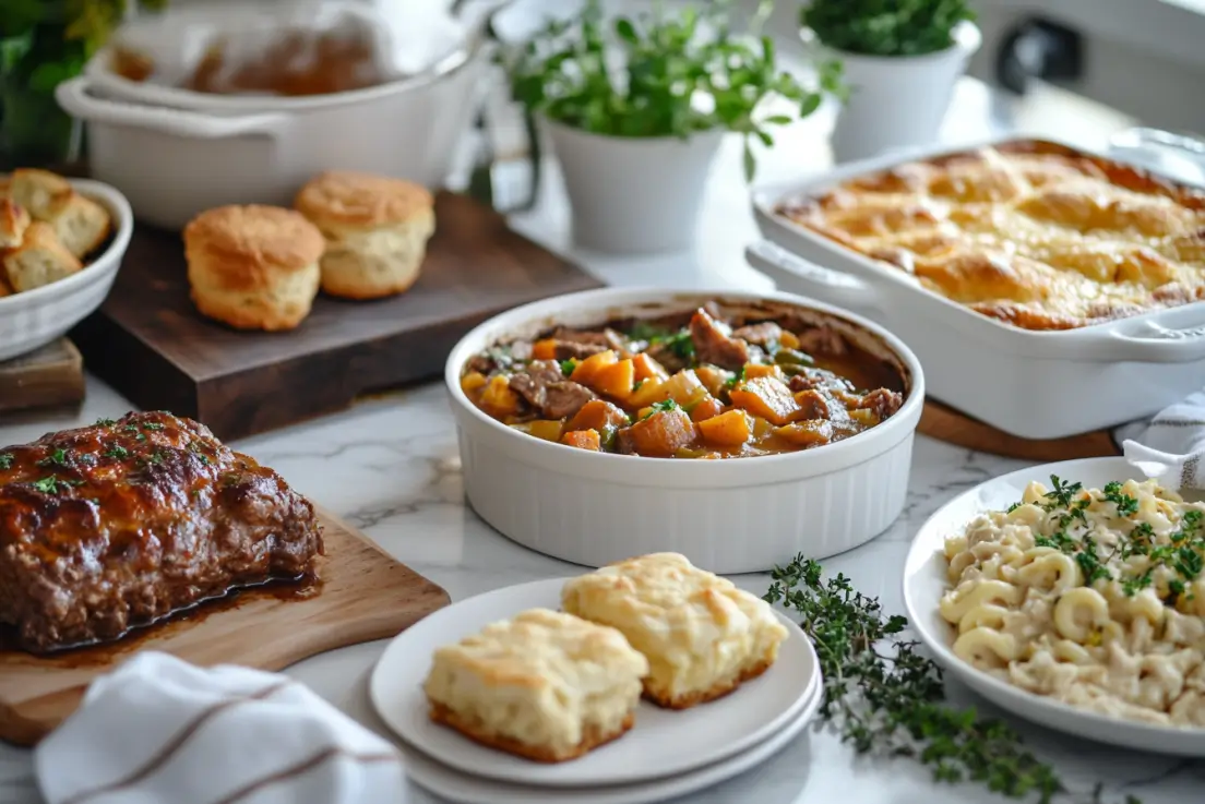 Comforting Grandma-Approved Dinner Recipes Assortment on Marble Countertop