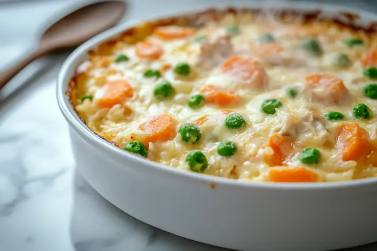 Baked peas and carrots casserole with shredded chicken, creamy sauce, rice, and melted cheese in a white ceramic dish on a marble countertop
