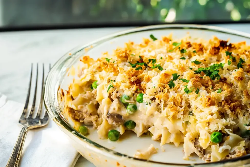 Tuna Noodle Casserole with Golden Crispy Breadcrumb Topping on Plate
