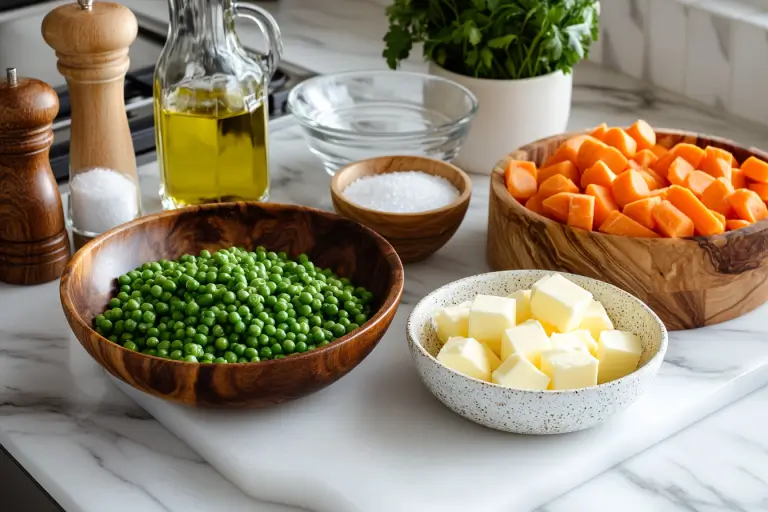 Ingredients for buttery peas and carrots with onions, herbs, and seasonings