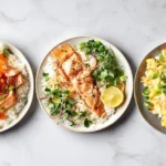 Salmon roe bowl, baked salmon with poached egg bowl, and canned salmon with scrambled eggs bowl