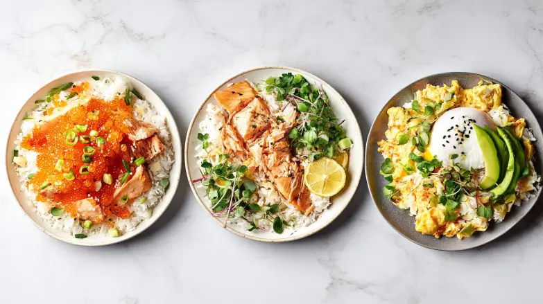 Salmon roe bowl, baked salmon with poached egg bowl, and canned salmon with scrambled eggs bowl