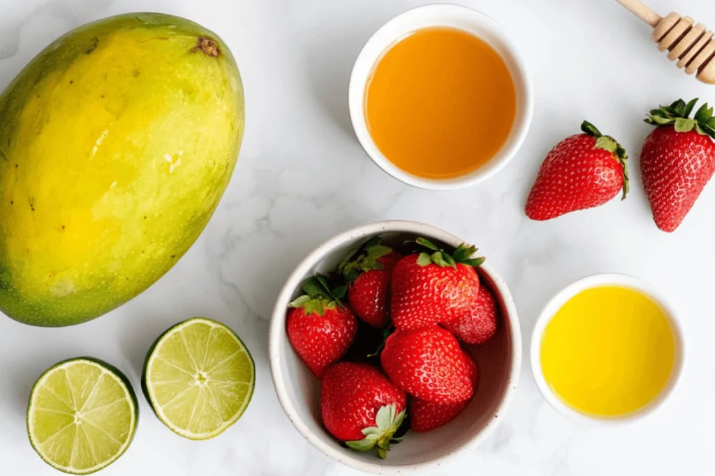 Fresh ingredients for homemade Strawberry Mango Popsicles.