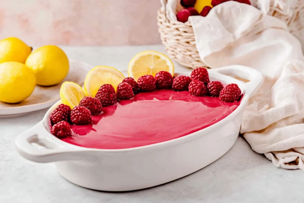 No-Bake Raspberry Tiramisu in White Dish with Fresh Raspberries and Lemon Garnish