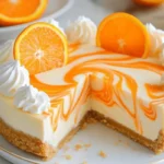 Close-up of a no-bake orange creamsicle cheesecake with vibrant orange swirls, whipped cream topping, and fresh orange slices on a graham cracker crust