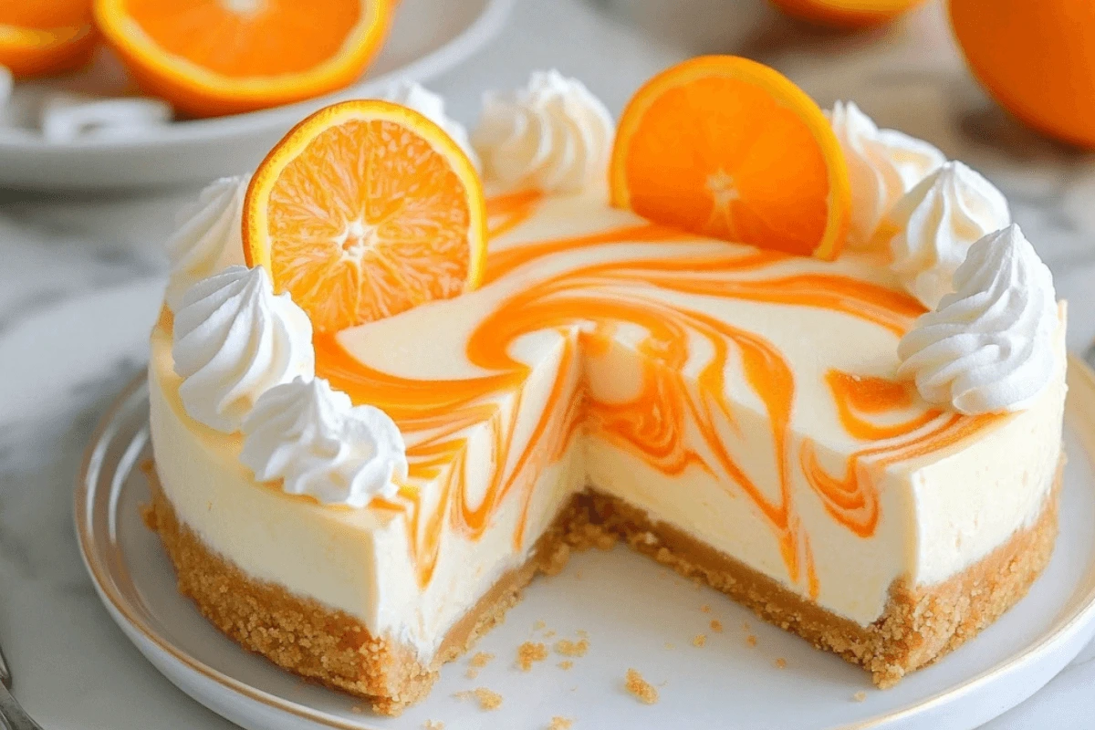 Close-up of a no-bake orange creamsicle cheesecake with vibrant orange swirls, whipped cream topping, and fresh orange slices on a graham cracker crust
