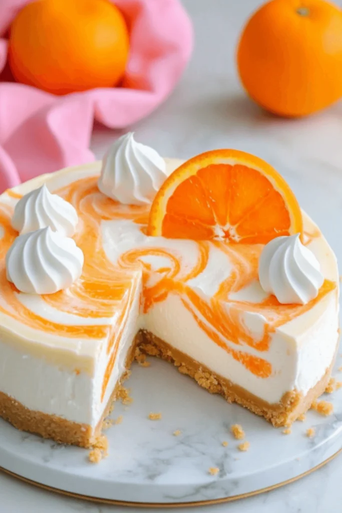 A whole no-bake orange creamsicle cheesecake with one slice missing, topped with whipped cream swirls and a fresh orange slice