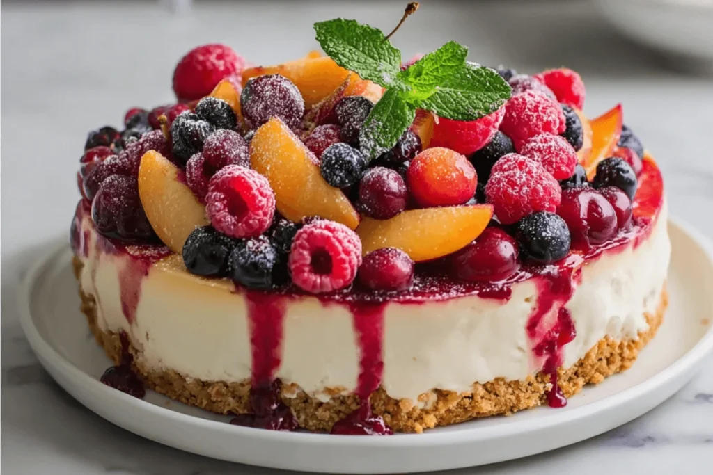 No-bake summer berry and peach cheesecake topped with fresh raspberries, blueberries, cherries, and peach slices on a graham cracker crust. Garnished with a mint sprig and light powdered sugar dusting, this chilled dessert is perfect for summer.