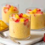 Glasses of mango tapioca pudding topped with fresh strawberries and mango chunks on a marble surface.