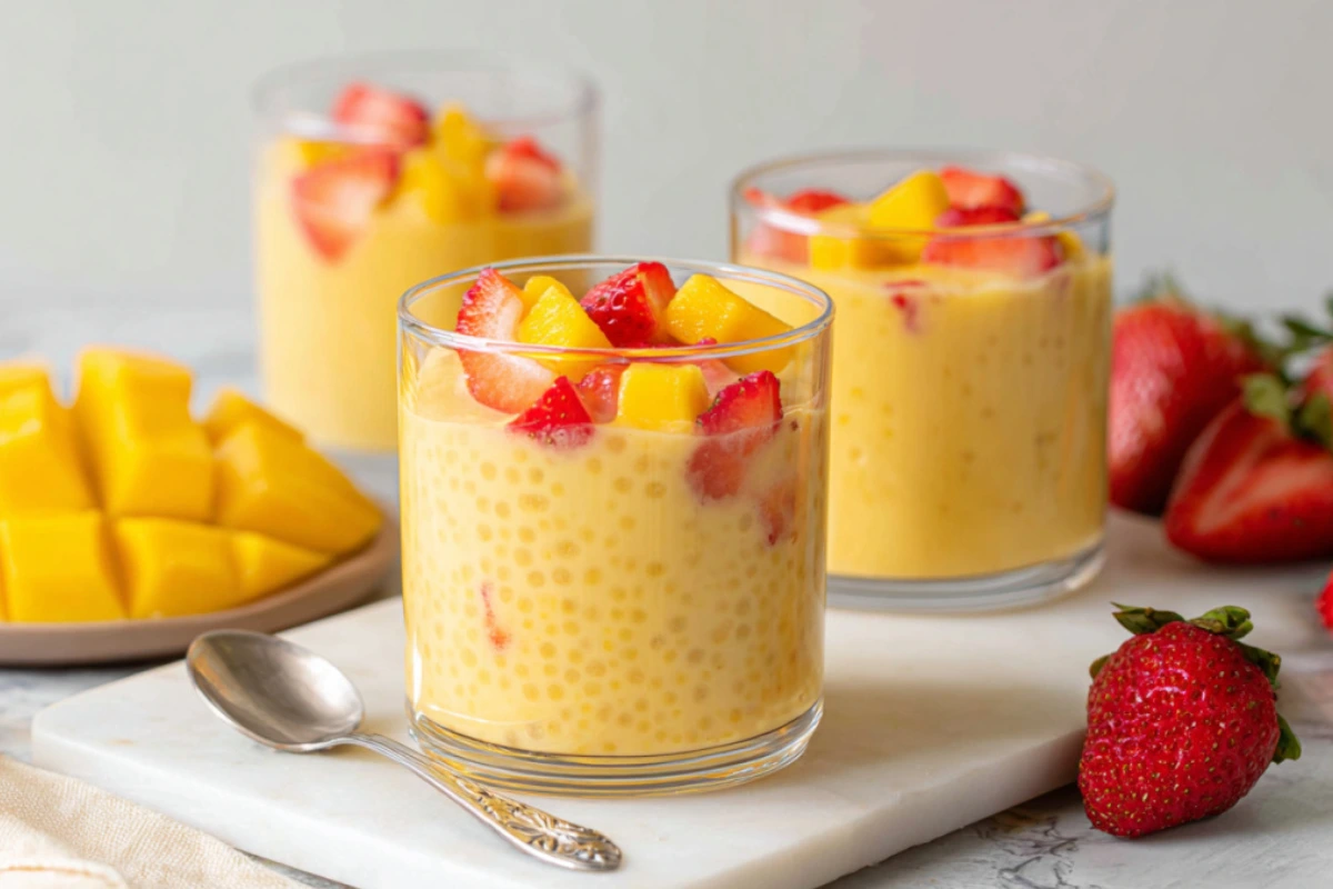Glasses of mango tapioca pudding topped with fresh strawberries and mango chunks on a marble surface.