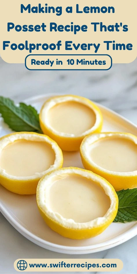 Pinterest pin featuring lemon posset desserts in natural lemon shells with text overlay "Making a Lemon Posset Recipe That's Foolproof Every Time - Ready in 10 Minutes"