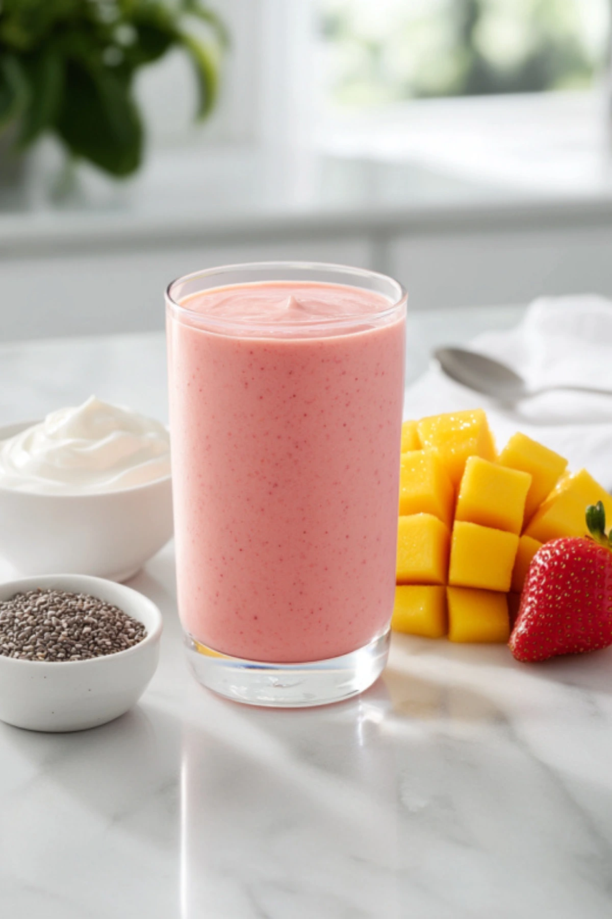 Pink strawberry mango protein smoothie in tall glass with Greek yogurt, chia seeds, fresh mango chunks and strawberry on white marble countertop