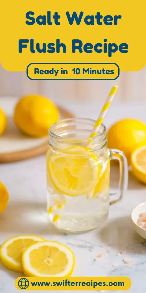 Salt water flush recipe ready in 10 minutes with lemon slices in mason jar, fresh lemons and sea salt on marble counter - SwifterRecipes.com