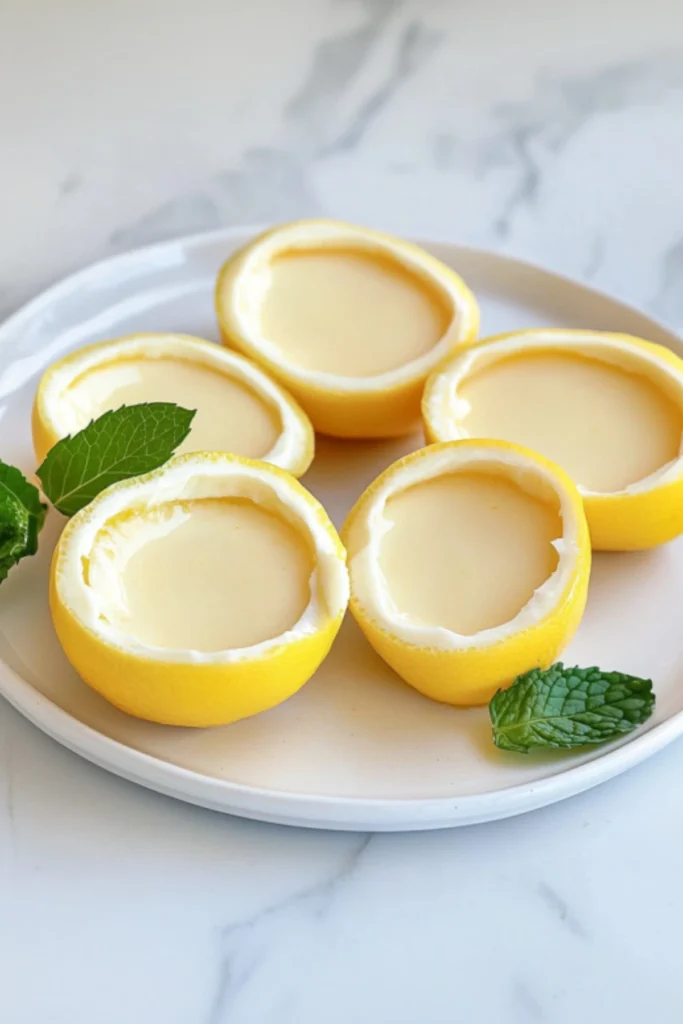 Five lemon posset desserts served in natural hollowed lemon shells arranged on white ceramic plate with fresh mint garnish on marble background
