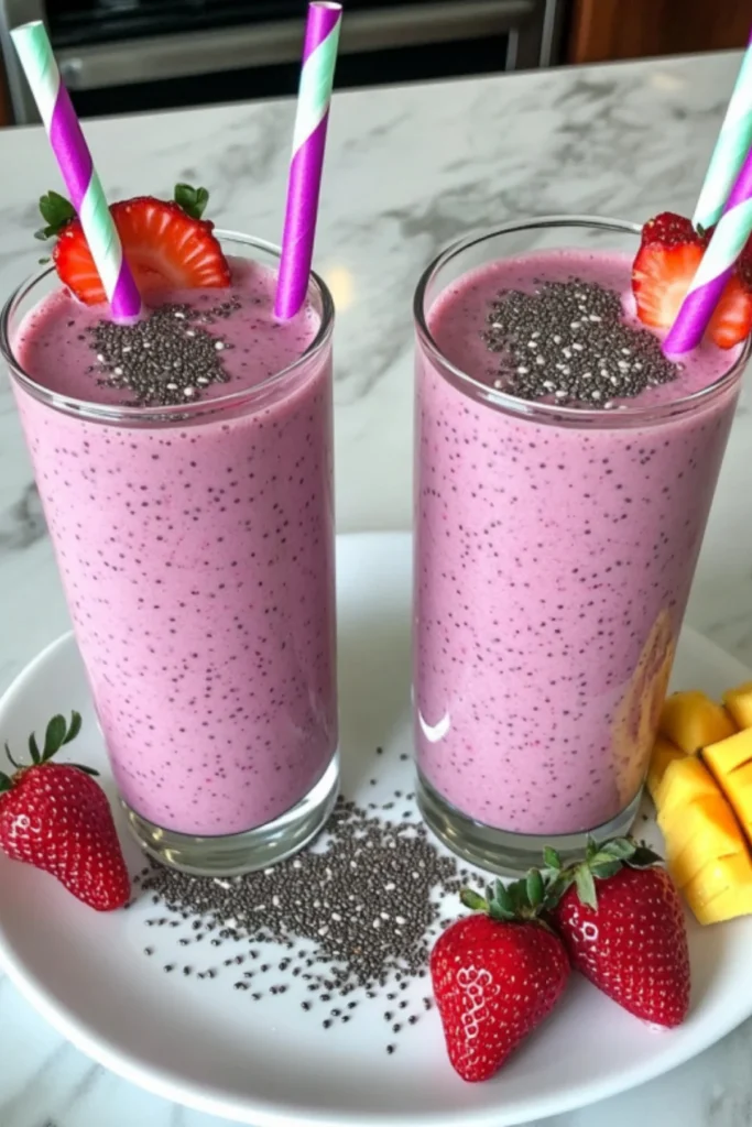 Two strawberry smoothies with chia seeds on top and colorful straws, showing how to use superfood seeds for smoothies with fresh strawberries and mango