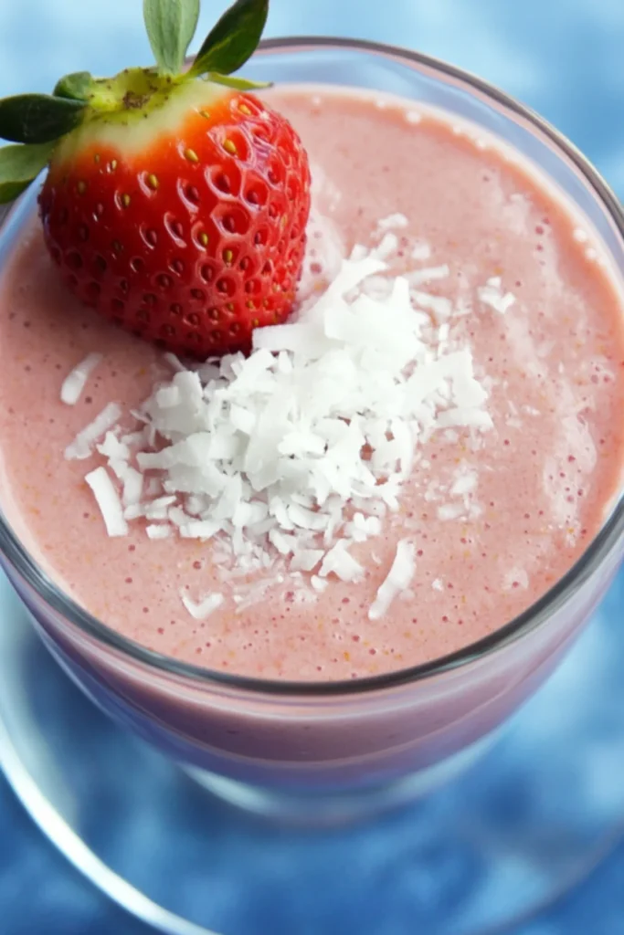 Simple clean gluten-free vegan strawberry mango smoothie in glass bowl garnished with fresh strawberry and shredded coconut on blue background