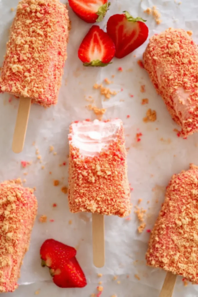 Strawberry shortcake ice cream bars with cookie crumb coating, one with bite taken out showing creamy interior, surrounded by fresh strawberries