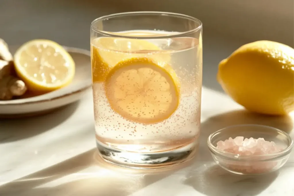 Glass of pink salt weight loss drink made with Himalayan salt, lemon juice, and honey on a kitchen counter