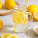 Salt water flush recipe with lemon slices in glass mason jar mug, fresh lemons, and pink sea salt on marble counter