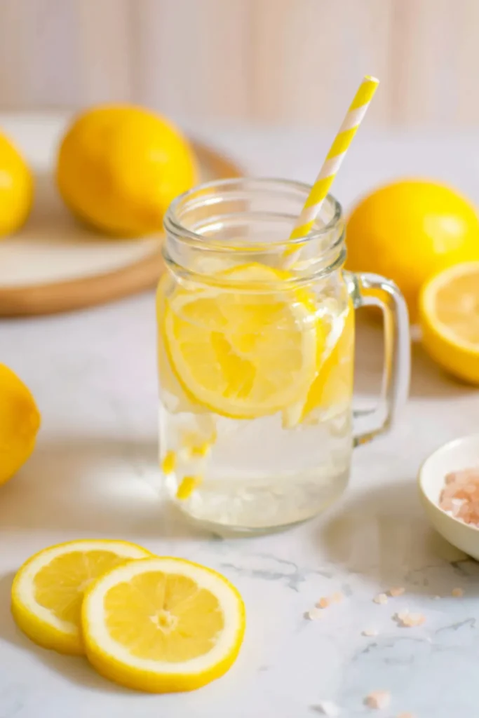 Salt water flush recipe with lemon slices in glass mason jar mug, fresh lemons, and pink sea salt on marble counter