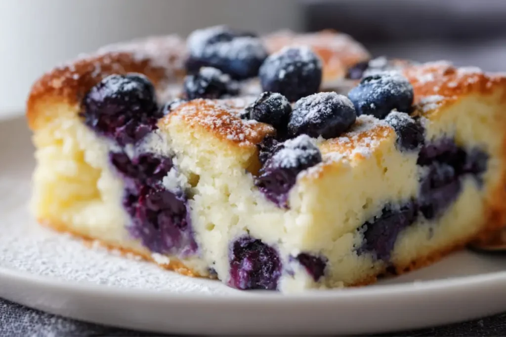 A thick slice of blueberry cottage cheese breakfast bake on a plate, topped with fresh blueberries and powdered sugar