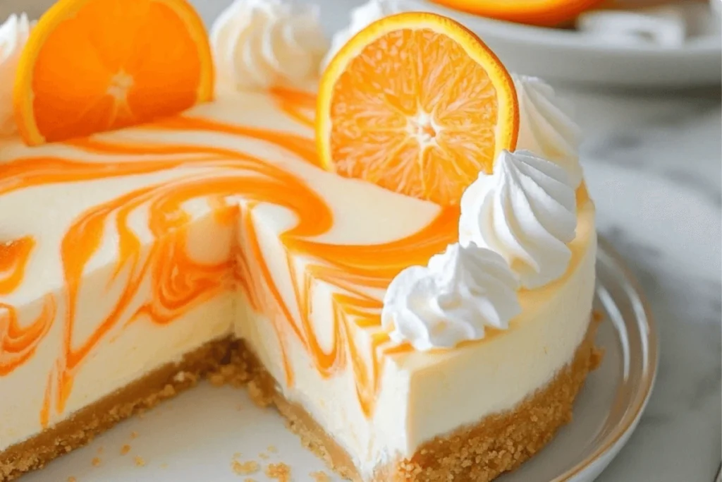 Sliced no-bake orange creamsicle cheesecake with orange and vanilla swirls, whipped cream dollops, and orange slice toppings on a white plate
