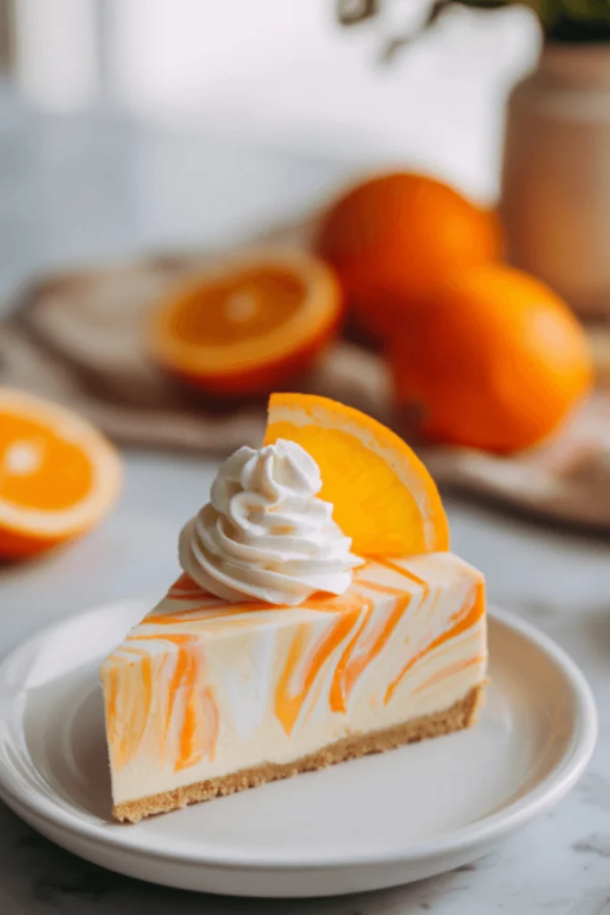 A slice of no-bake orange creamsicle cheesecake on a white plate, topped with whipped cream and a fresh orange wedge