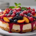 No-bake summer berry and peach cheesecake topped with fresh fruits and a graham cracker crust