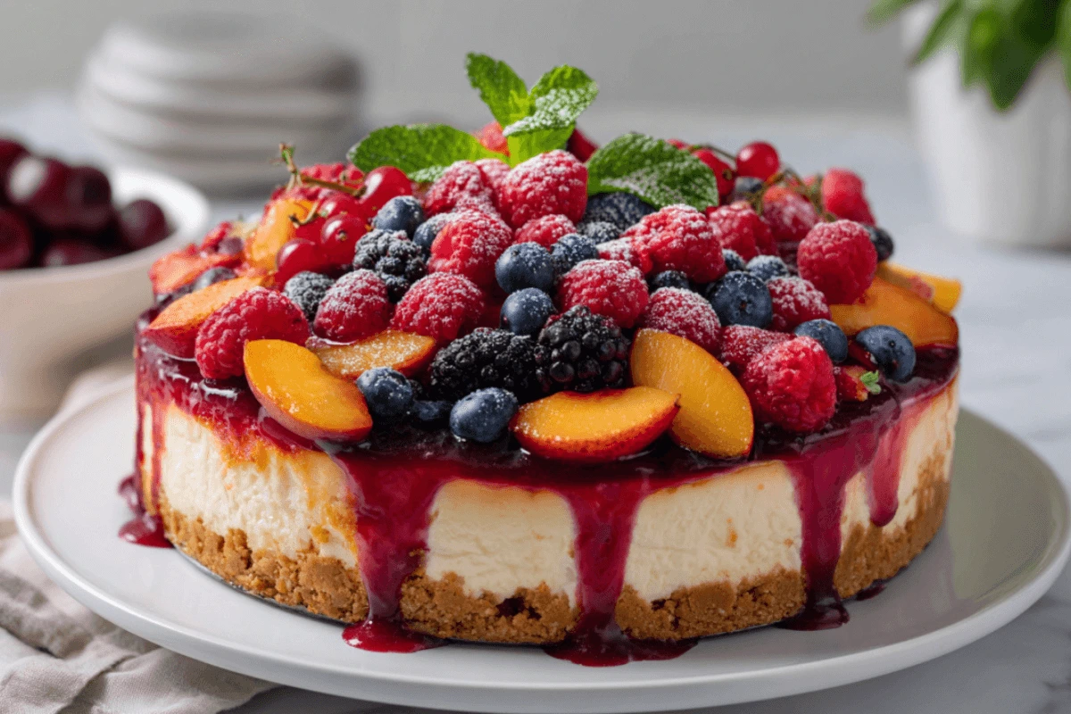 No-bake summer berry and peach cheesecake topped with fresh fruits and a graham cracker crust