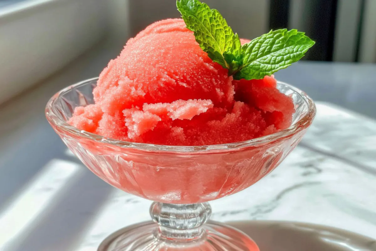 Refreshing Watermelon Sorbet in Glass Bowl with Mint Garnish on Marble Countertop