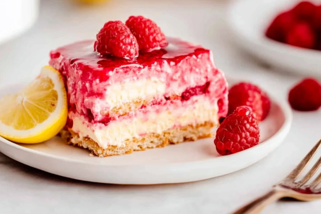 No-Bake Raspberry Tiramisu Dessert with Fresh Raspberries and Lemon Slice