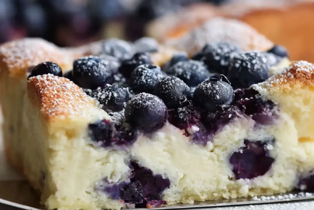 Thick slice of blueberry cottage cheese breakfast bake topped with juicy blueberries and powdered sugar