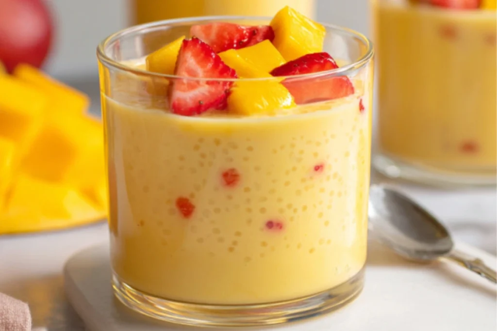 Glass of mango tapioca pudding with strawberries and mango cubes on top, served with a spoon on a marble surface.