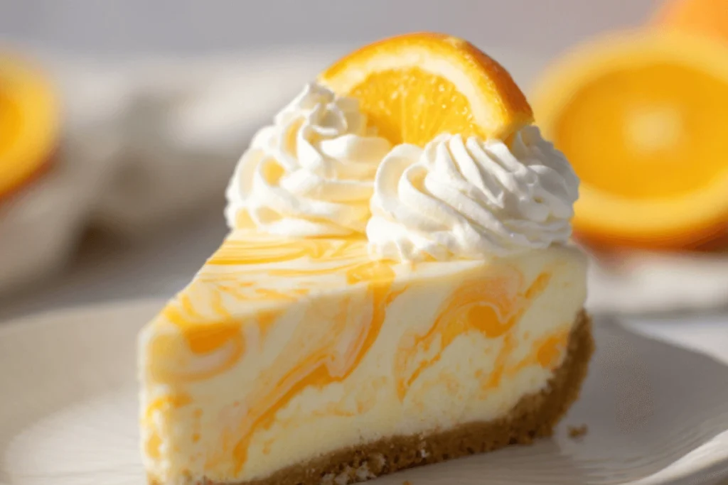 Swirled orange and cream no-bake cheesecake slice on a plate, topped with whipped cream and a slice of orange