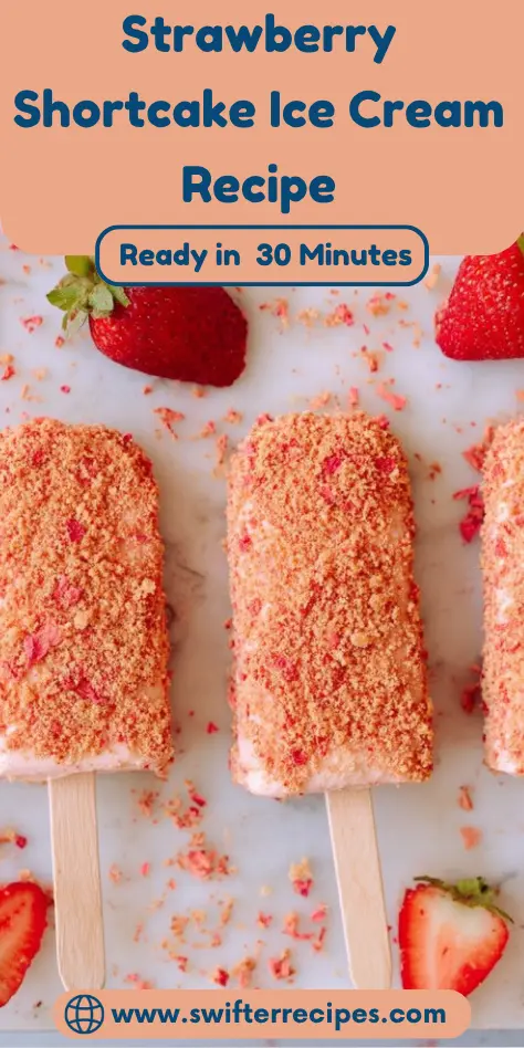 Strawberry shortcake ice cream bars recipe card showing 30-minute prep time with cookie-coated popsicles and fresh strawberries