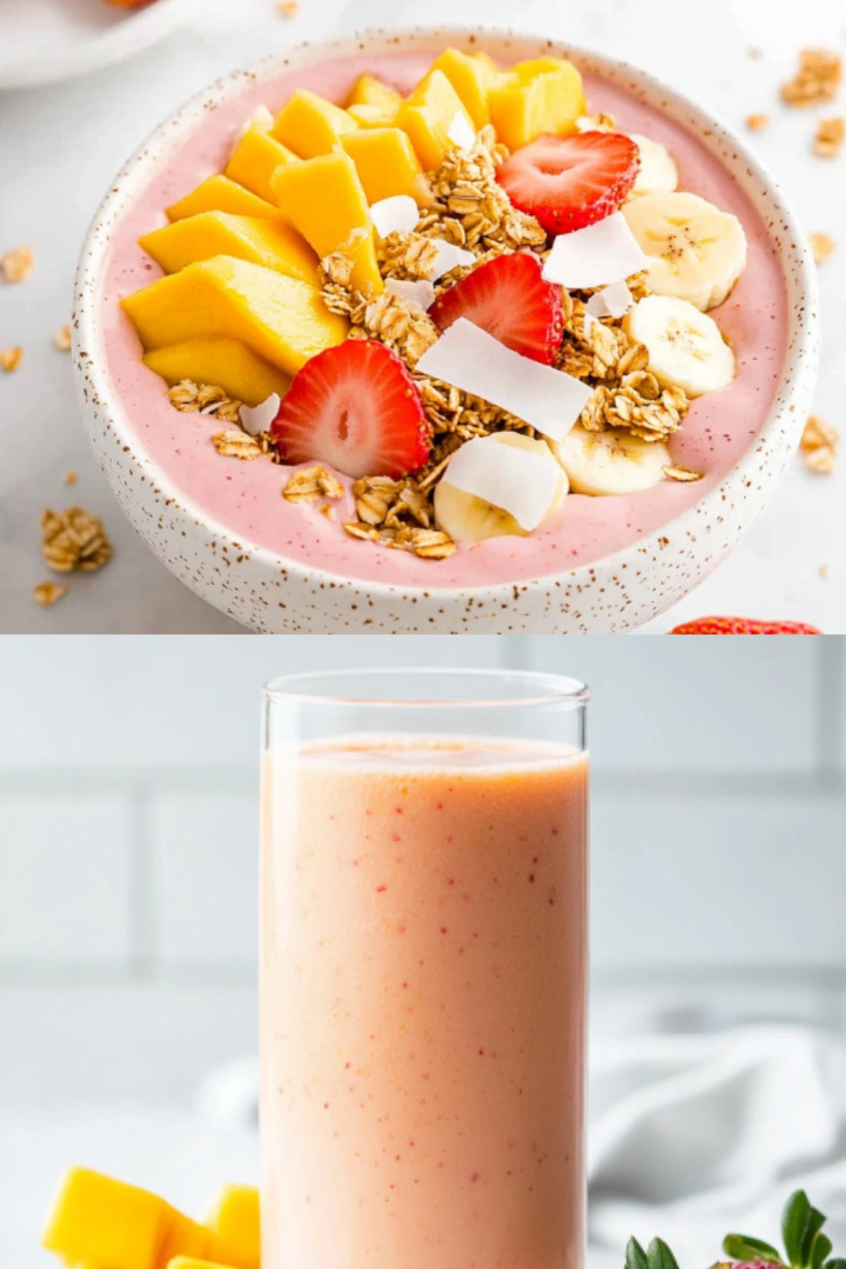 Smoothie bowl vs smoothie comparison showing thick pink smoothie bowl with mango, strawberries, banana, granola and coconut flakes next to creamy strawberry mango smoothie in glass