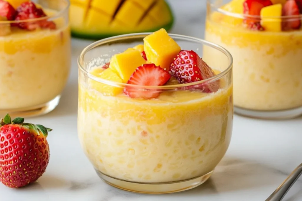 Chilled mango tapioca pudding topped with strawberries and fresh mango cubes